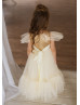 Ruffle Sleeves Gold Sequin Champagne Tulle Unique Flower Girl Dress